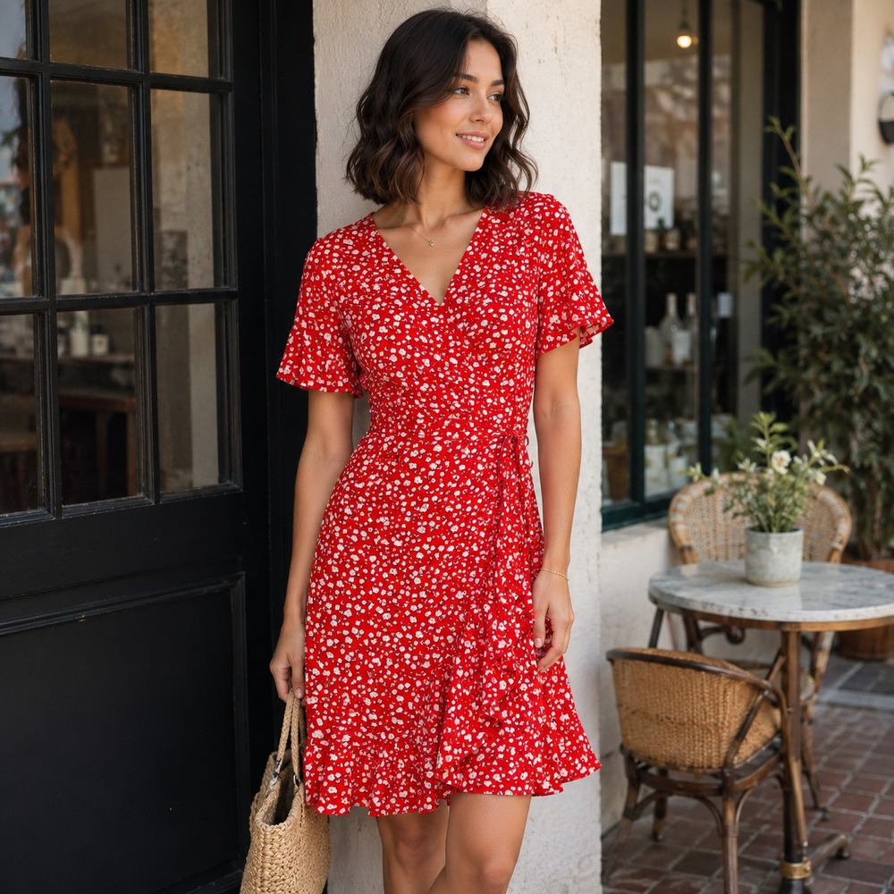 Red Floral Ditsy Wrap Mini Dress Short Sleeve V-Neck Floral Romantic Size S